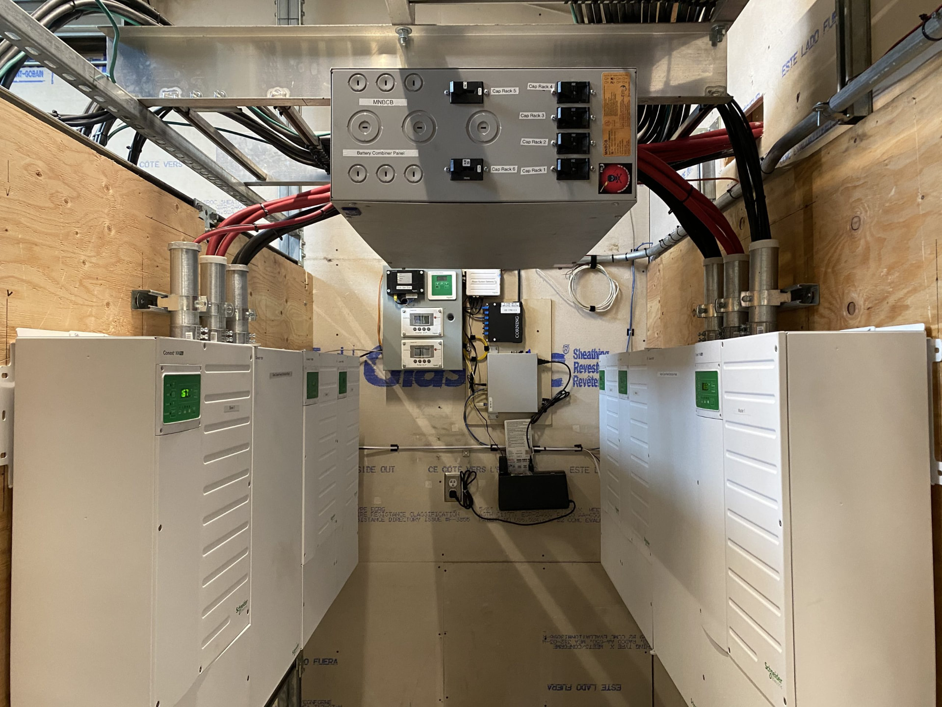 Lithium battery bank and power electronics inside the lodge power room
