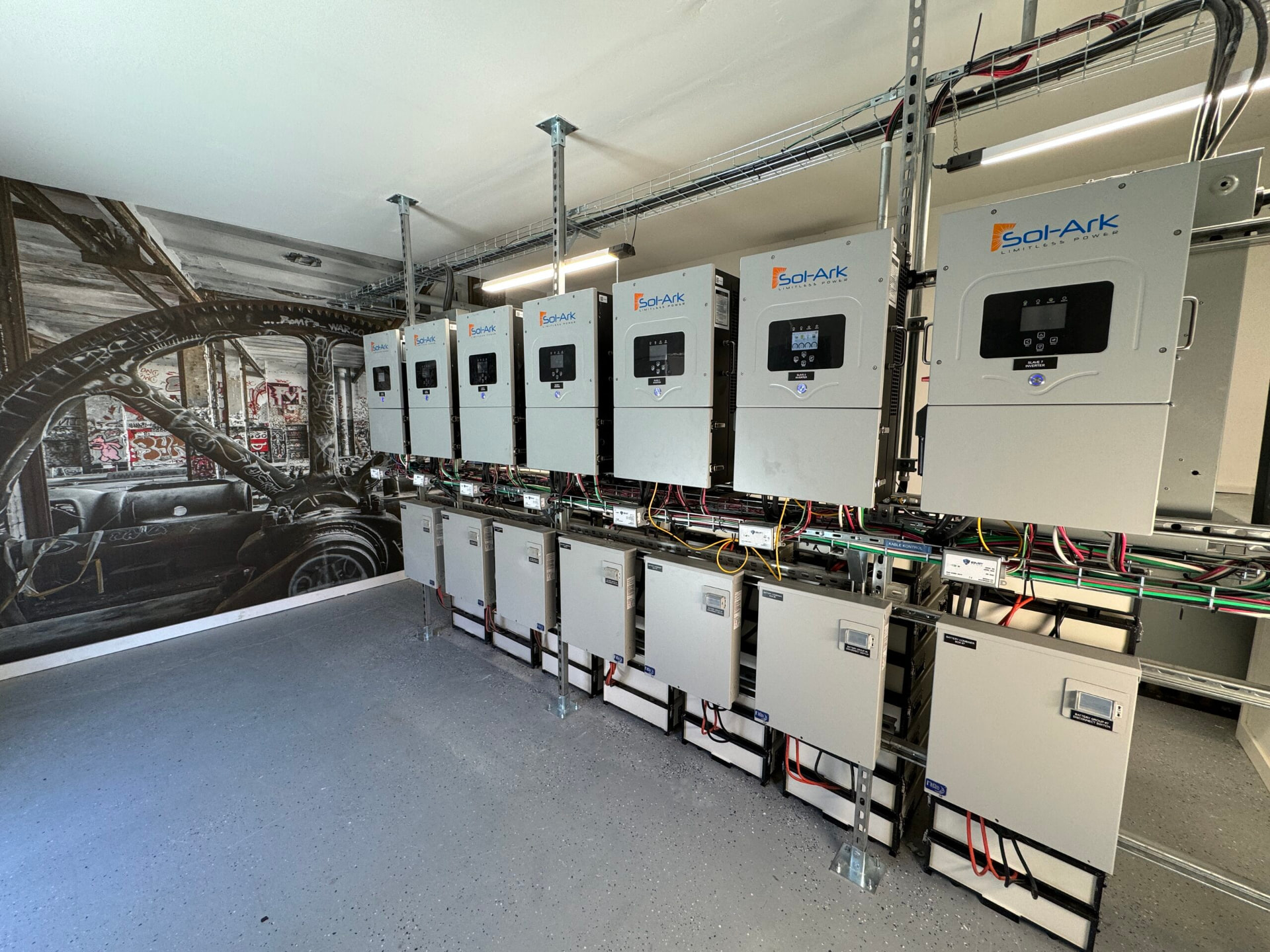 Sol-Ark inverter wall and battery racks powering the Vulture City vacation rental