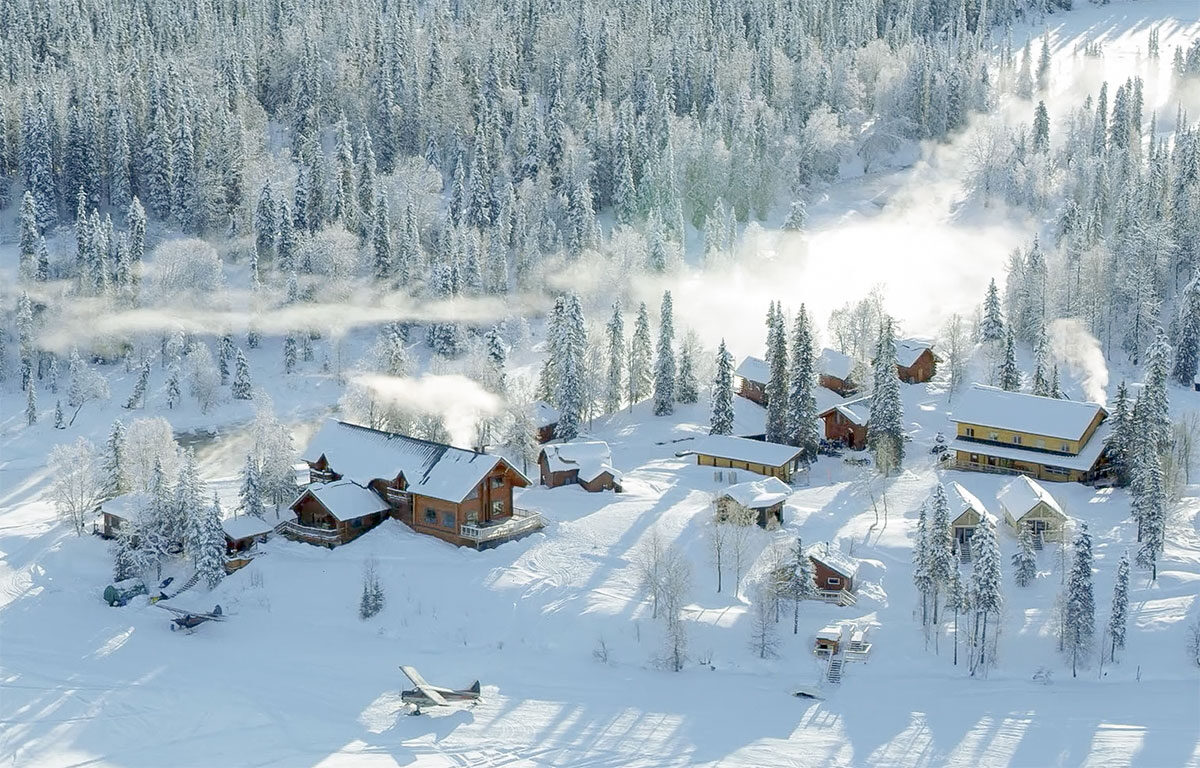 Winter aerial of the remote Alaska heli-ski lodge